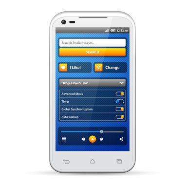Simple UI Elements Blue Yellow. White Smartphone 480x800. Audio, Player, Button, Switchers, Progress Bar, Drop-Down Box, Search, Icons. Web Design Elements. Software. Vector User Interface EPS10 clipart
