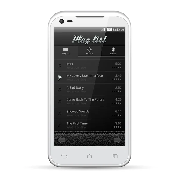 Ui モバイル アプリケーション金属セットを制御します。白いスマート フォン 480 x 800。オーディオ、ビデオ、プレーヤー、ボタン、再生リスト、アルバム、アーティスト、タブ、アイコン。web デザイン要素です。ソフトウェア。ベクトル ユーザー インターフェイス eps10 — ストックベクタ