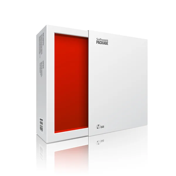 Άνοιξε το λευκό σύγχρονο λογισμικό πακέτο κουτί κόκκινο μέσα για dvd, δίσκο cd ή άλλο σας eps10 προϊόν — Διανυσματικό Αρχείο
