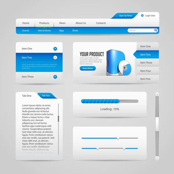 Web UI Controls Elements Gray And Blue On Light Background 3: Navigation Bar, Buttons, Slider, Message Box, Menu, Tabs, Login, Search, Menu, Scroll, Progress Bar, Accordion — Stock Vector