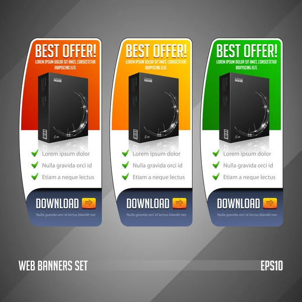 Melhor oferta moderna Web Banner Set Vector Colorido: Vermelho, Amarelo, Laranja, Verde. Site mostrando caixa de produto, botão de download de compra . — Vetor de Stock