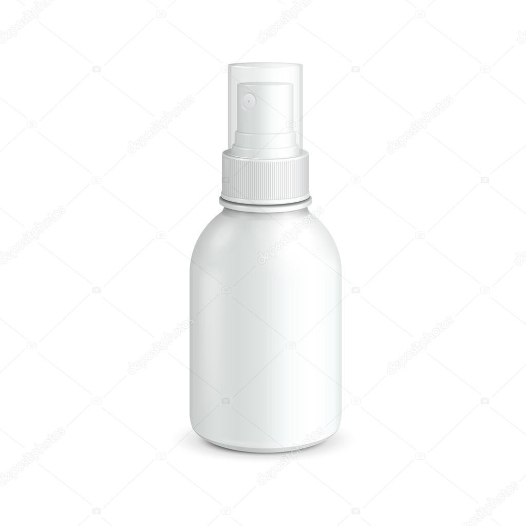 Spray Cosmetic Parfume, Deodorant, Freshener Or Medical Antiseptic Drugs Plastic Bottle White. Ready For Your Design. Product Packing Vector EPS10
