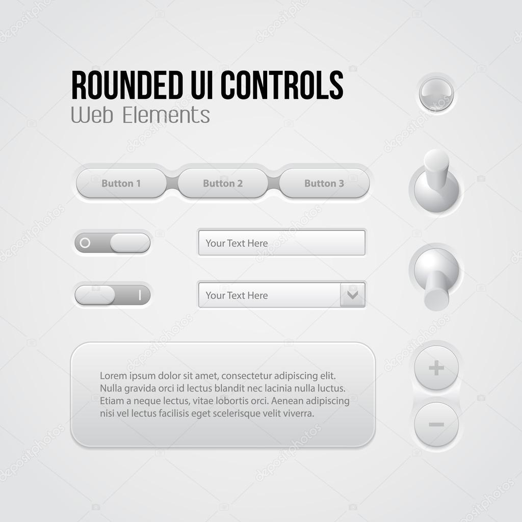 Rounded Light UI Controls Web Elements: Menu, Navigation Bar, Buttons, Switchers, On, Off, Volume, Slider, Message Box, Drop-down, Tooltip, Bulb