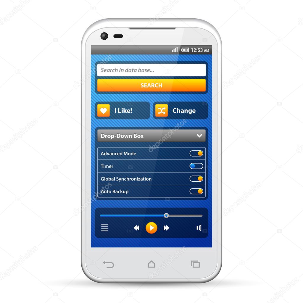 Simple UI Elements Blue Yellow. White Smartphone 480x800. Audio, Player, Button, Switchers, Progress Bar, Drop-Down Box, Search, Icons. Web Design Elements. Software. Vector User Interface EPS10
