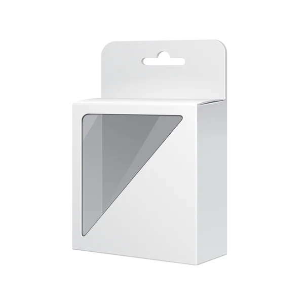 Boîte d'emballage de produit blanc avec fenêtre rectangulaire. Illustration isolée sur fond blanc. Prêt pour votre design. Vecteur EPS10 — Image vectorielle