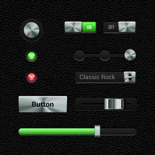 UI kullanma metal yazılım kontrolleri ayarlayın. Cilt, ekolayzer, birim topuzu krom. deri. metal anahtarı, düğme, lamba, ilerleme çubuğu, seçim kutusu. — Stok Vektör