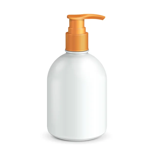 Plastik saubere weiße Flasche mit gelber Spenderpumpe. Duschgel, Flüssigseife, Lotion, Creme, Shampoo, Badeschaum. bereit für Ihr Design. Illustration isoliert auf weißem Hintergrund. Vektor eps10 — Stockvektor