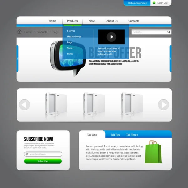 Web UI Controla Elementos Gris Y Azul En Fondo Oscuro: Barra de navegación, Botones, Control deslizante, Caja de mensajes, Pestañas, Menú desplegable, Formulario de inicio de sesión, Buscar, Suscribirse, Desplazador — Archivo Imágenes Vectoriales