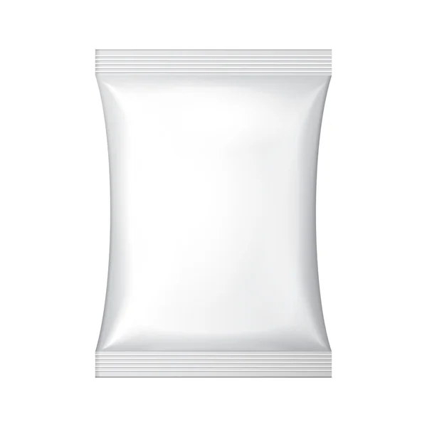 Bolso blanco del sobre de la merienda de la comida de la hoja en blanco Embalaje para el café, la sal, el azúcar, la pimienta, las especias, el sobre, los dulces, las virutas, las galletas o el caramelo. Plantilla de plástico listo para su diseño. Vector EPS10 — Vector de stock