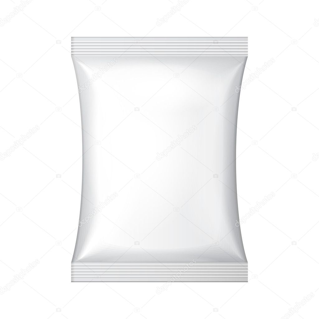 White Blank Foil Food Snack Sachet Bag Packaging For Coffee, Salt, Sugar, Pepper, Spices, Sachet, Sweets, Chips, Cookies Or Candy. Plastic Pack Template Ready For Your Design. Vector EPS10