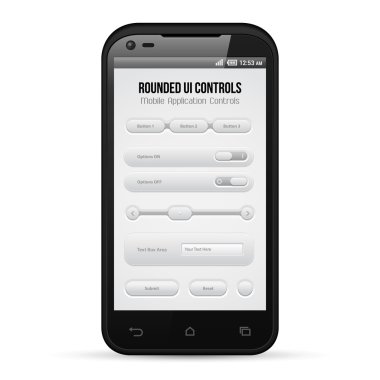 Simple UI Elements Grayscale. White Smartphone 480x800. Audio, Player, Button, Switchers, Progress Bar, Drop-Down Box, Search, Icons. Web Design Elements. Software. Vector User Interface EPS10 clipart