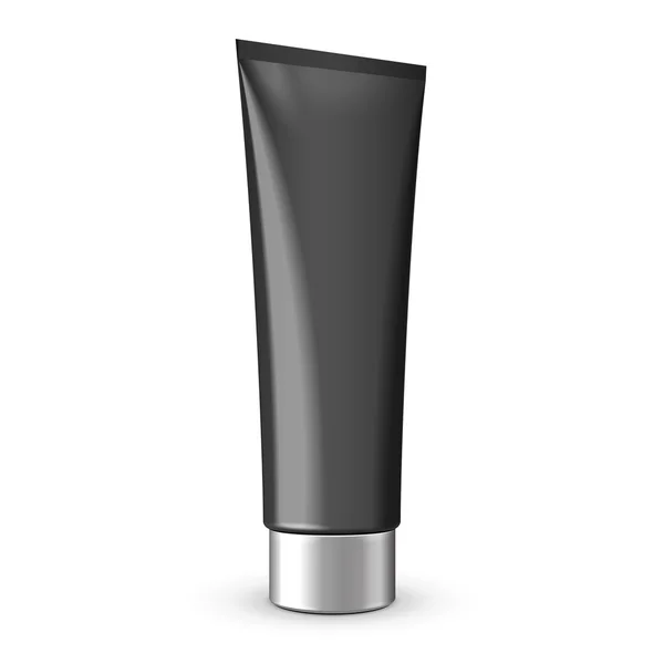 Tubo di crema o gel scala di grigi nero pulito con coperchio grigio cromato. Pronto per il tuo design. Vettore di imballaggio del prodotto EPS10 — Vettoriale Stock