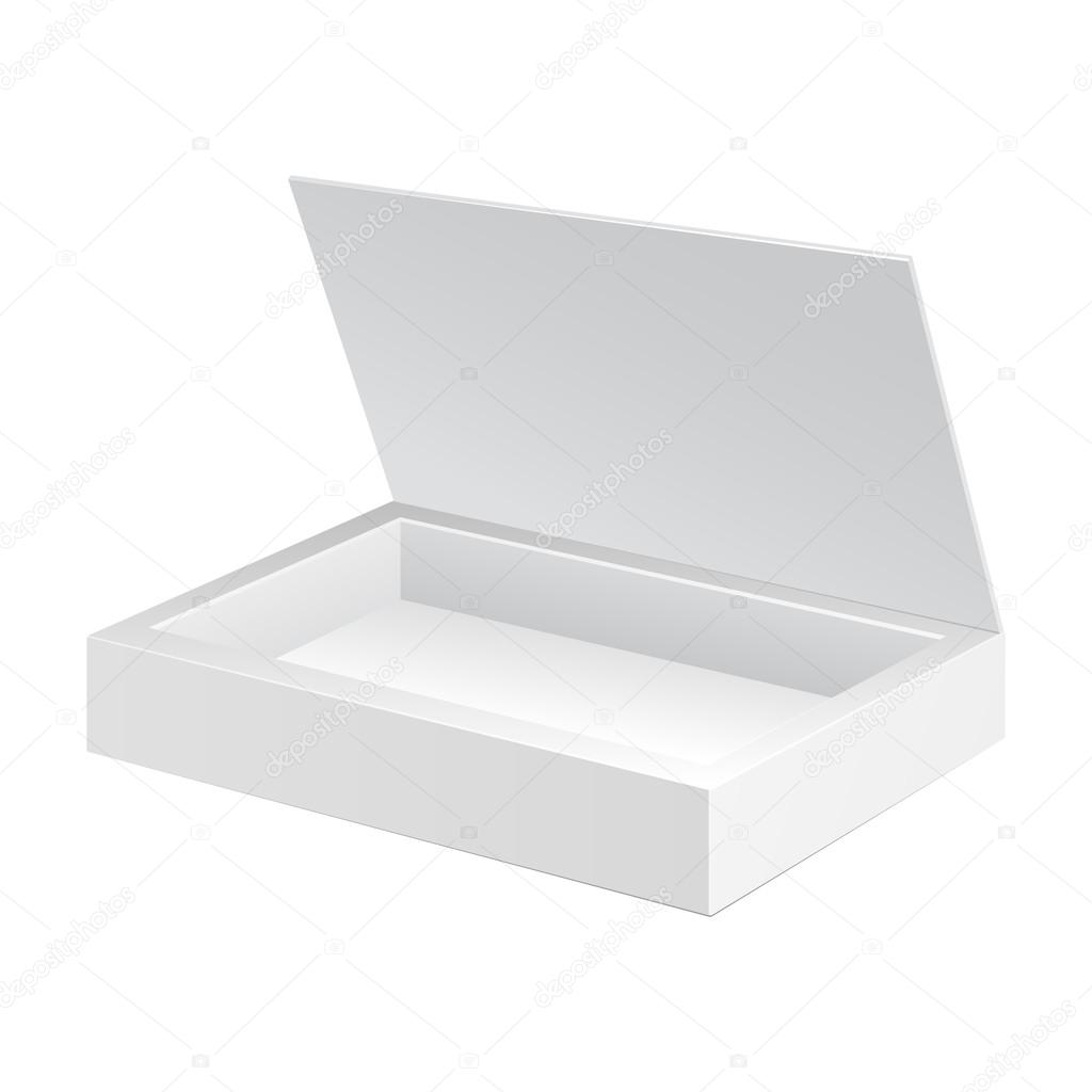 Opened White Cardboard Package Box. Gift Candy. On White Background Isolated. Ready For Your Design. Product Packing Vector EPS10