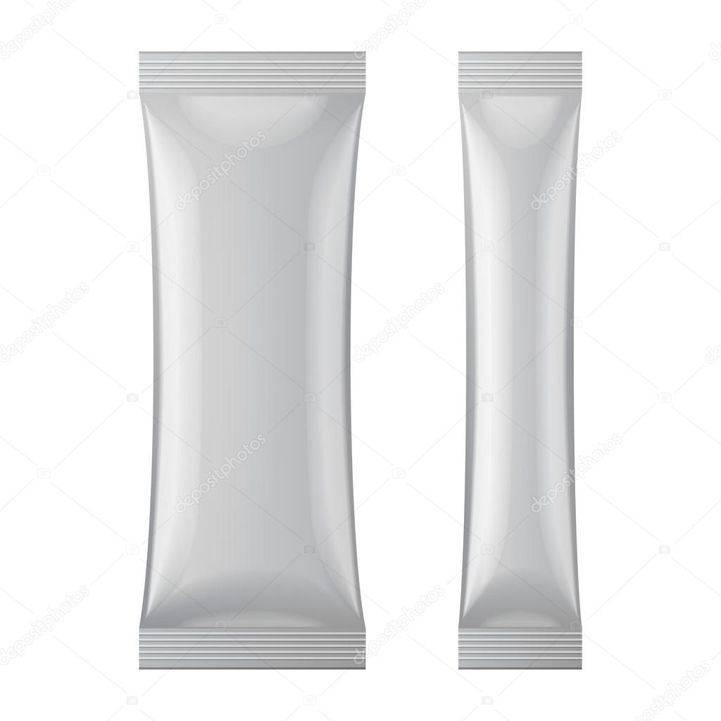 Two Gray Blank Foil Packaging Sachet Coffee, Salt, Sugar, Pepper Or Spices Stick Plastic Pack Ready For Your Design. Snack Product Packing Vector EPS10