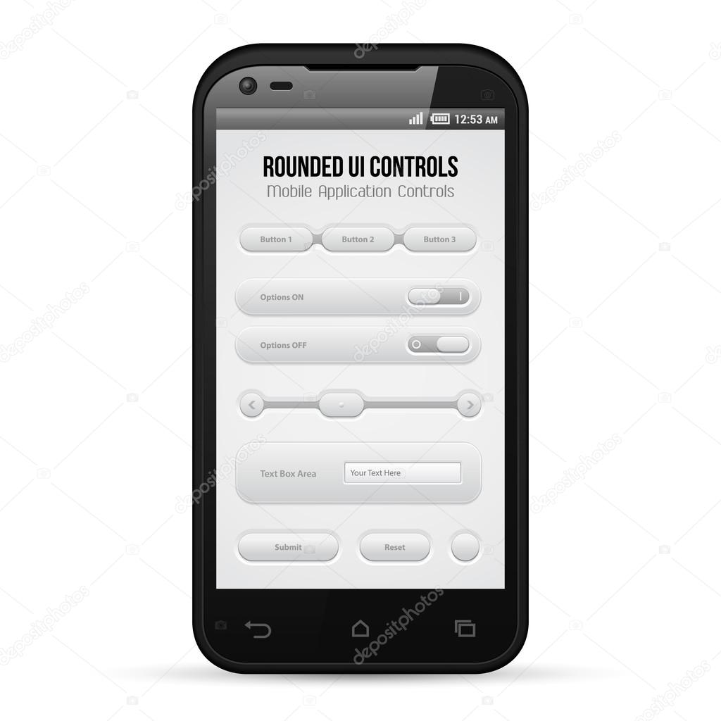 Simple UI Elements Grayscale. White Smartphone 480x800. Audio, Player, Button, Switchers, Progress Bar, Drop-Down Box, Search, Icons. Web Design Elements. Software. Vector User Interface EPS10