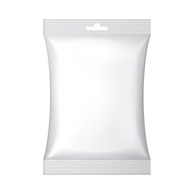 beyaz boş folyo gıda poşet torbası asmak yuvası ambalaj kahve, tuz, şeker, biber, baharat, poşet, tatlılar, cips, kurabiye veya şeker çerez. Plastik paket şablon tasarımı için hazır. vektör eps10