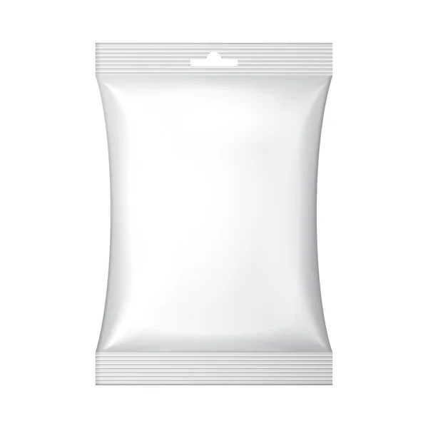Білий пусті фольги їжі снек-Саші мішок повісити слот упаковки для кави, сіль, цукор, перець, спеції, Саші, солодощі, чіпси, печиво або цукерки. пластиковий пакет шаблон готовий для вашого дизайну. Векторні eps10 — стоковий вектор