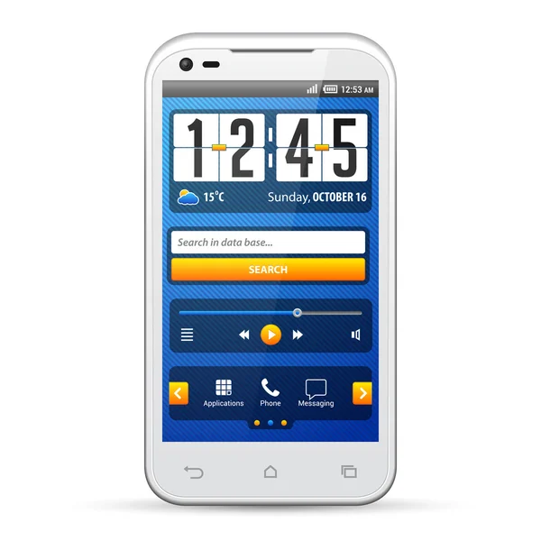 Semplice UI Elementi Blu Giallo. Smartphone bianco 480x800. Audio, Player, Pulsante, Slider, Box, Ricerca, Icone, Data, Orologio, Ora, Tempo. Elementi di Web Design. Software. Interfaccia utente vettoriale EPS10 — Vettoriale Stock