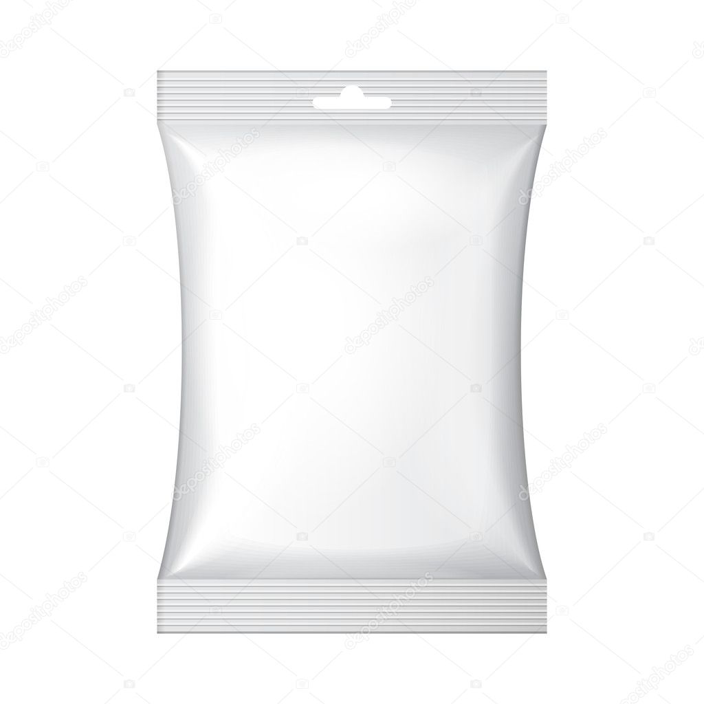 White Blank Foil Food Snack Sachet Bag Hang Slot Packaging For Coffee, Salt, Sugar, Pepper, Spices, Sachet, Sweets, Chips, Cookies Or Candy. Plastic Pack Template Ready For Your Design. Vector EPS10