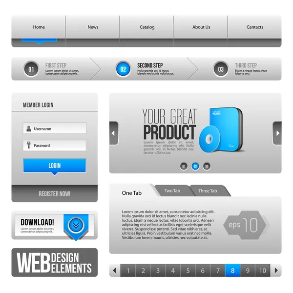 Modern Clean Elementi di design del sito web Grigio Blu Grigio: Pulsanti, Forma, Slider, Pergamena, Giostra, Icone, Scheda, Menu, Barra di navigazione, Download, Paginazione — Vettoriale Stock