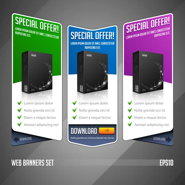 Modern özel teklif web banner set renkli vektör: yeşil, mavi, Menekşe, mor. Web sitesini gösteren ürün kutusu, satınalma Yükle düğmesini. — Stok Vektör
