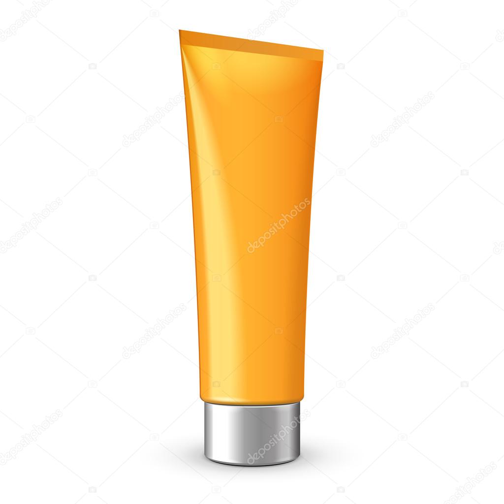 Tube Of Cream Or Gel Orenge Yellow Clean With Gray Silver Chrome Lid. Ready For Your Design. Product Packing Vector EPS10