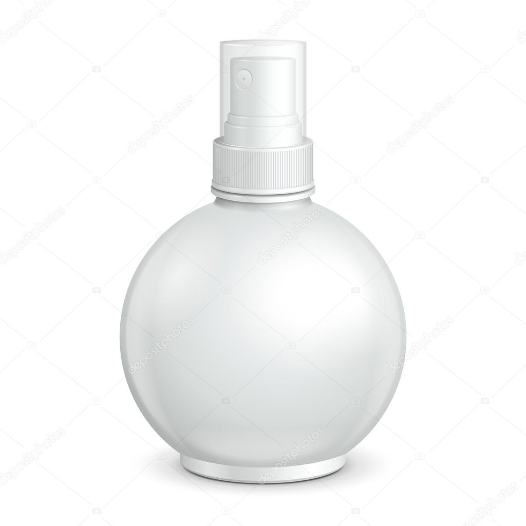 Spray Cosmetic Parfume, Deodorant, Freshener Or Medical Antiseptic Drugs Round Plastic Bottle White. Ready For Your Design. Product Packing Vector EPS10