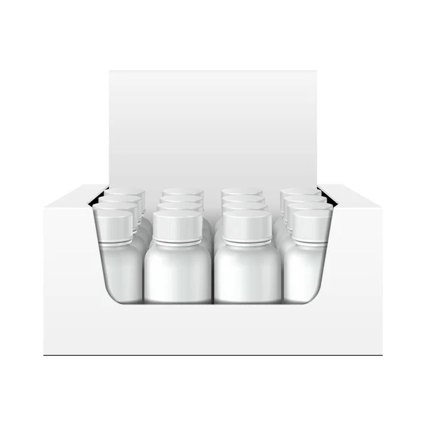 Mockup 3D Display Holder Doos Karton gevuld met flessen, blikken, potten. Cosmetica, vitaminen, voedingssupplementen. Mock Up, Sjabloon. Mock Up verpakking. — Stockvector