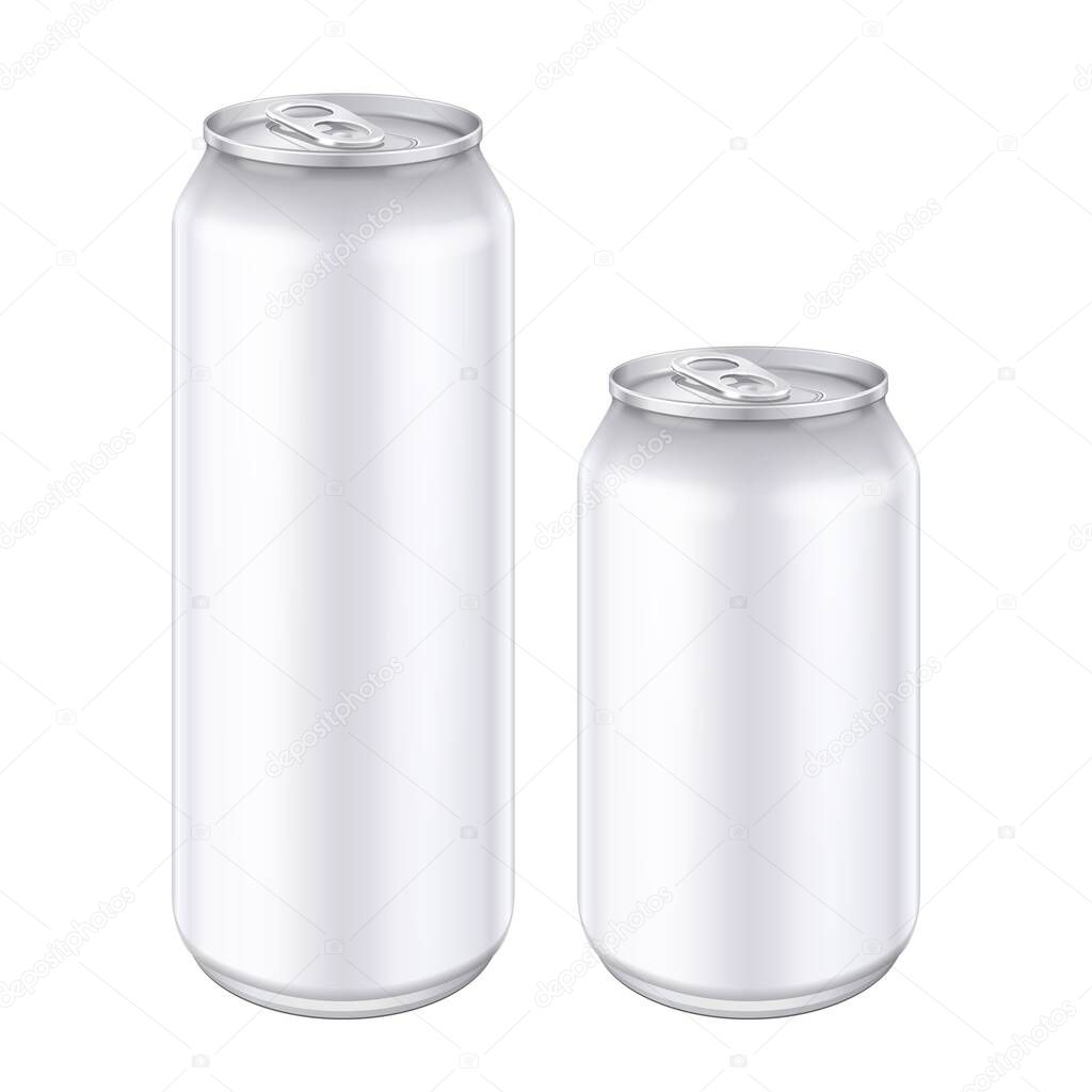 Mockup White Metal Aluminum Beverage Drink Can 500ml, 0,5L. Beer, Soda, Lemonade, Juice, Energy. Mock Up Template Ready For Your Design. Isolated On White Background. Product Packing. Vector EPS10