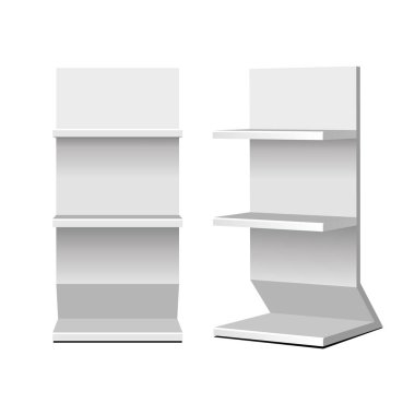 Mockup Karton Perakende Raflar Süpermarket Boş Boş için Zemin Ekran Raf. Alay Et. 3d Beyaz Arka Plan İzole. Tasarımınız için hazır. Ürün Reklam. Vektör Eps10