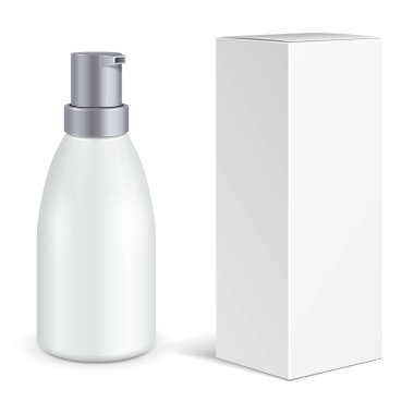 Mockup Kozmetik, Hijyen, Tıbbi Gri Ölçekli Plastik Jel, Sıvı Sabun, Losyon, Krem, Kutulu Şampuan. Tasarımınız için hazır olun. Beyaz arka planda izole edilmiş bir resim. Vektör EPS10