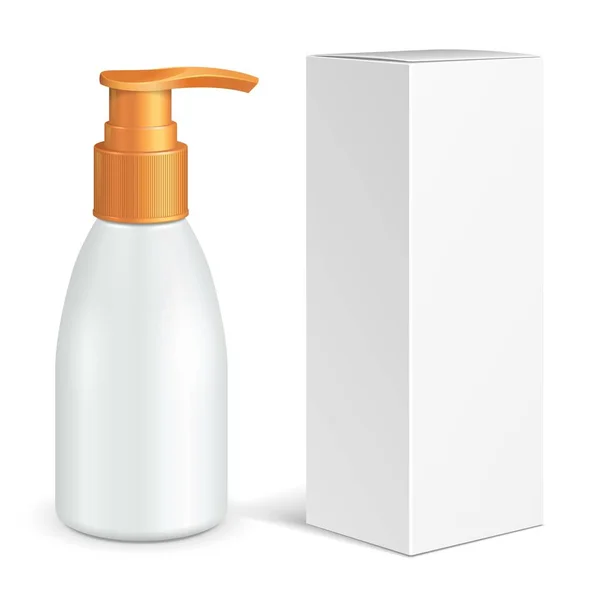 Mockup Cosmetic, Hygiene, Medical Grayscale Plastic Bottle Of Gel, Liquid Soap, Lotion, Cream, Shampoo With Box. 당신의 디자인을 위해 준비하 세요. 백지에 고립되어 있음을 설명하라. 분사기 EPS10 — 스톡 벡터