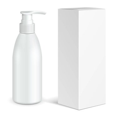 Kozmetik, hijyen, jel, sıvı sabun, losyon, krem, tıbbi gri tonlamalı plastik şişe şampuan kutusuyla. Tasarımınız için hazır kadar alay et. İllüstrasyon izole beyaz arka plan üzerinde. Vektör Eps10