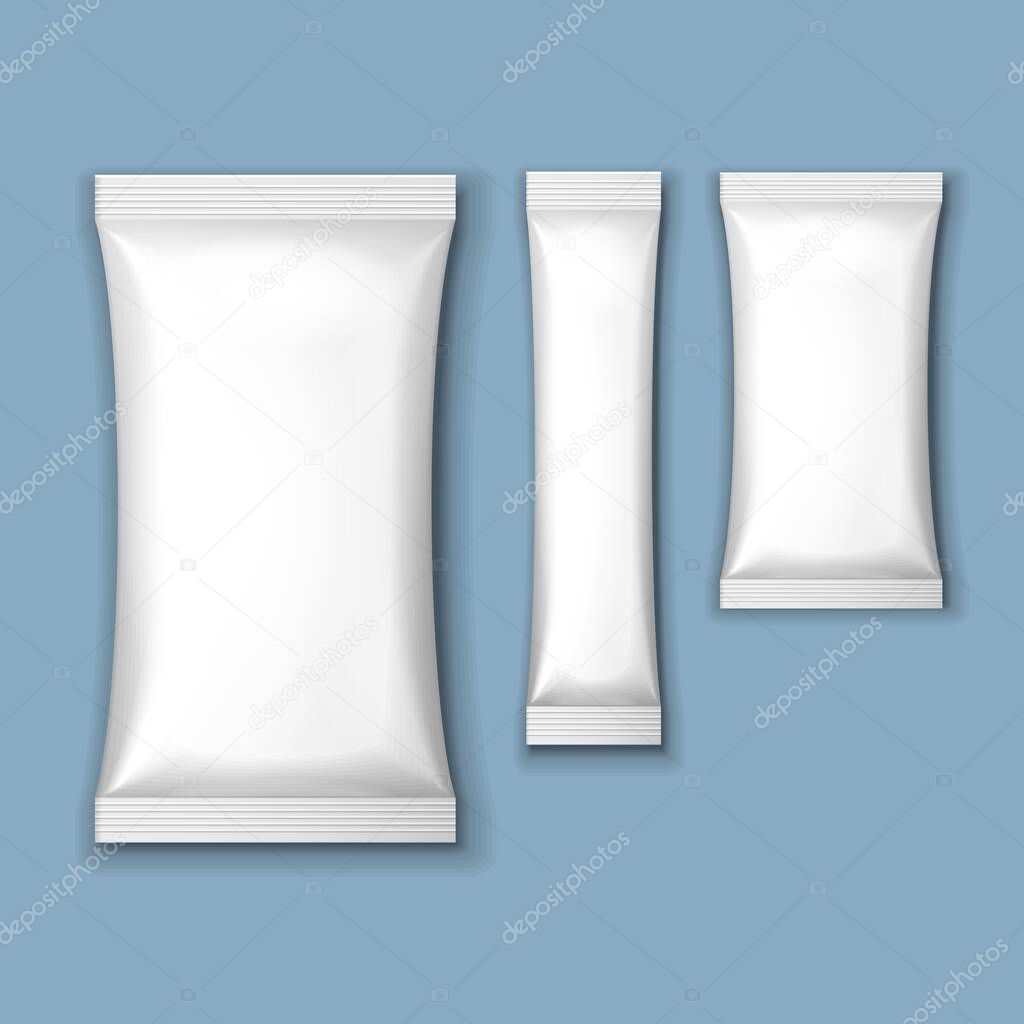 Mockup White Blank Foil Packaging Sachet Coffee, Salt, Sugar, Pepper Or Spices Stick Plastic Pack. Mock Up, Template Ready For Your Design. On Blue, Gray Background. Vector EPS10