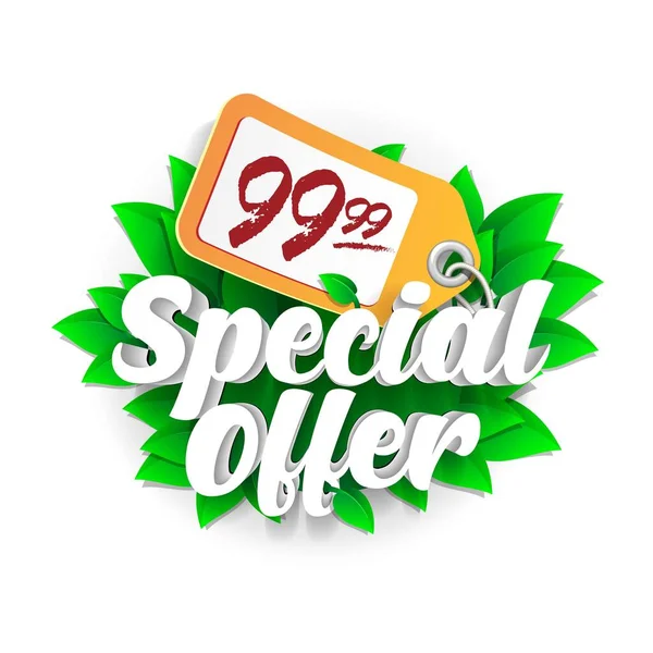 Special Offer Label Price 99.99 3D Green Digits Banner, Template. Leaves, Summer, Spring, Season Sale, Discount. Grayscale, Numbers. Illustration Isolated On White Background. — Stock Vector
