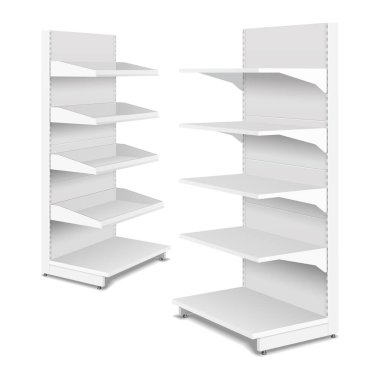Mockup Blank Boş Çift Taraflı Vitrin Perakende Raflı 3B Görüntü. Takas Rack. Model yap, Şablon. Görüntü Beyaz Arkaplanda İzole Edildi.