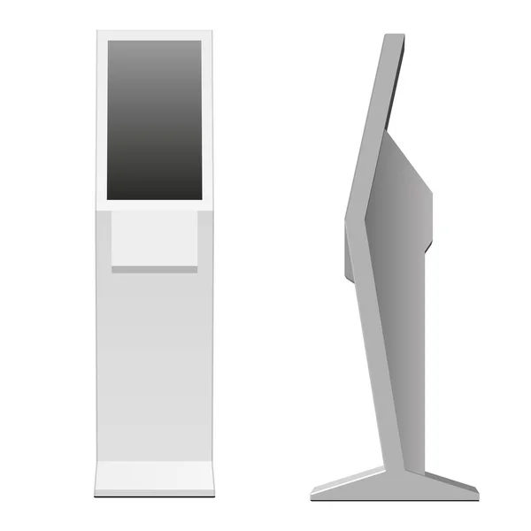 Mockup cajero automático de metal blanco con pantalla, pantalla, cajero automático, terminal de pago, soporte publicitario aislado sobre fondo blanco. Maquillaje 3D, Plantilla. — Vector de stock