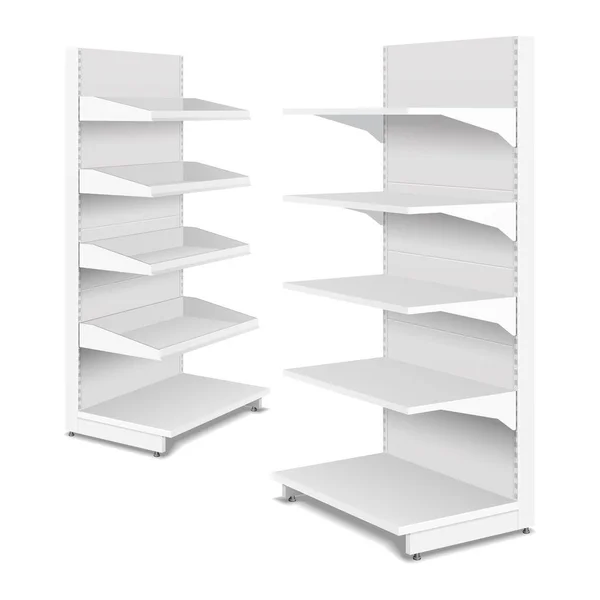 Mockup Blank Empty Double Sided Showcase 3D Display With Retail Shelves. 락의 상거래. 잘 했어, 템플릿. 하얀 배경에서 혼자 있는 것을 예를 들어 설명하 십시오. — 스톡 벡터