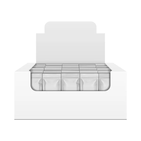Mockup Display Holder Box Cartón relleno en blanco con paquete, regalo, paquete cuadrado. Vitaminas, Cosméticos, Perfume, Chocolate. Prepárate, Plantilla. Productos sobre fondo blanco aislado. Gráficos vectoriales