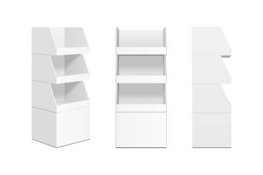 Mockup Karton Perakende Rafları Boşluk Süpermarket Rafları için Görüntü Dizisi. Model Yukarı. Beyaz Arkaplanda 3D İzole Edildi.