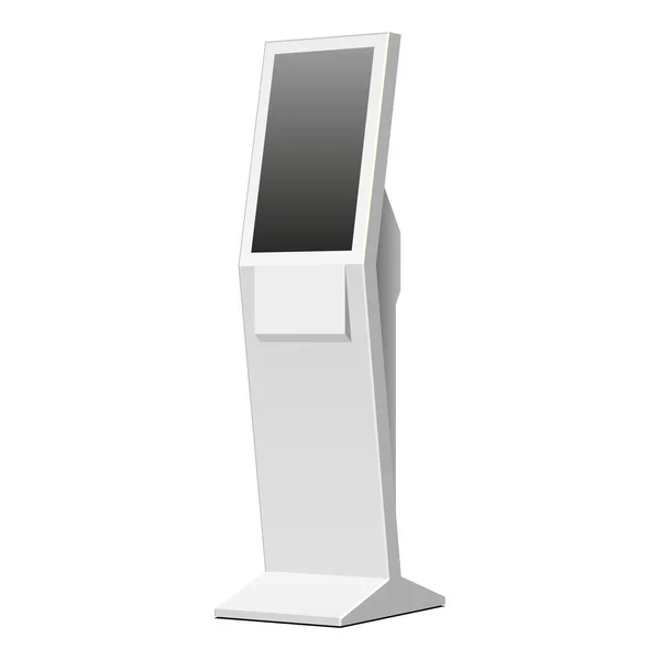 Bancomat in metallo bianco Mockup con schermo, display, macchina automatica Teller, terminale di pagamento, supporto pubblicitario isolato su sfondo bianco. 3D finto, modello. — Vettoriale Stock