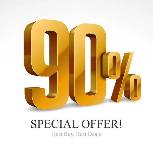 90 Off Special Offer Gold 3D Digits Banner, Design Template Icon Nincent Percent. Продажа, скидка. Глянцевые векторные числа. Иллюстрация изолирована на белом фоне. — стоковый вектор