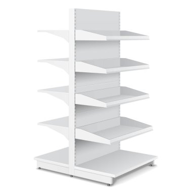Mockup Blank Boş Çift Taraflı Vitrin Perakende Raflı 3B Görüntü. Takas Rack. Model yap, Şablon. Görüntü Beyaz Arkaplanda İzole Edildi.