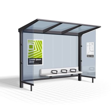 Mockup Otobüs Durağı Toplu Taşıma İstasyonu Beyaz Arkaplan 'da tecrit edildi. Reklamcılar için Şablon Hazırlayın, Tasarımınız. Vektör EPS10