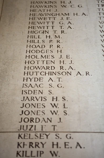 Names on the Menin Gate in Ypres, Belgium — Stock Photo, Image