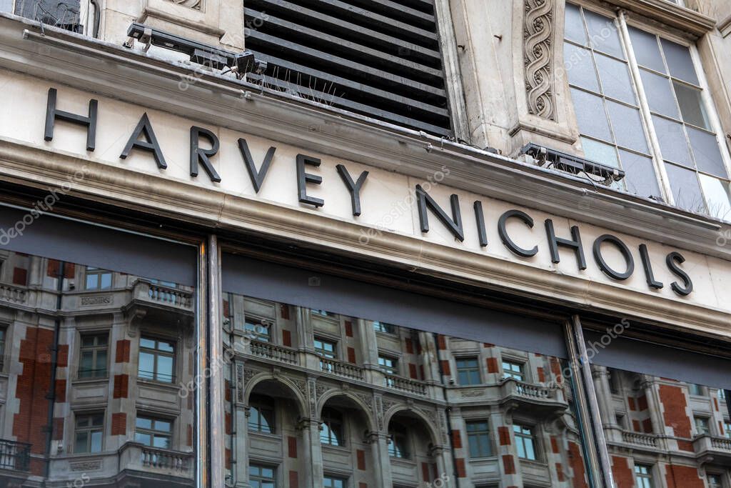 London, UK - August 12th 2021: The Harvey Nichols logo above the entrance to their store on Knightsbridge in London, UK.