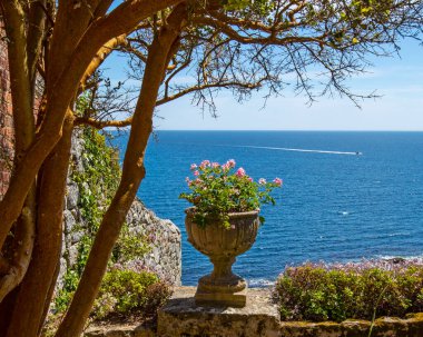 İngiltere 'nin Cornwall kentindeki St. Michaels Dağı' ndaki Castle Gardens 'tan Atlantik Okyanusu' nun güzel bir manzarası var..