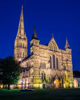 İngiltere 'nin Wiltshire kentindeki Salisbury şehrindeki Salisbury Katedrali' nin alacakaranlık görüntüsü..