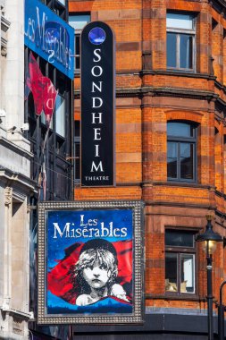 London, UK - March 8th 2022: The exterior of the Sondheim Theatre on Shaftesbury Avenue in London, UK, promoting its current musical Les Miserables.