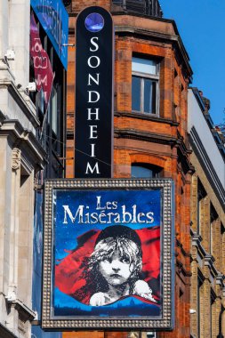 London, UK - March 8th 2022: The exterior of the Sondheim Theatre on Shaftesbury Avenue in London, UK, promoting its current musical Les Miserables.
